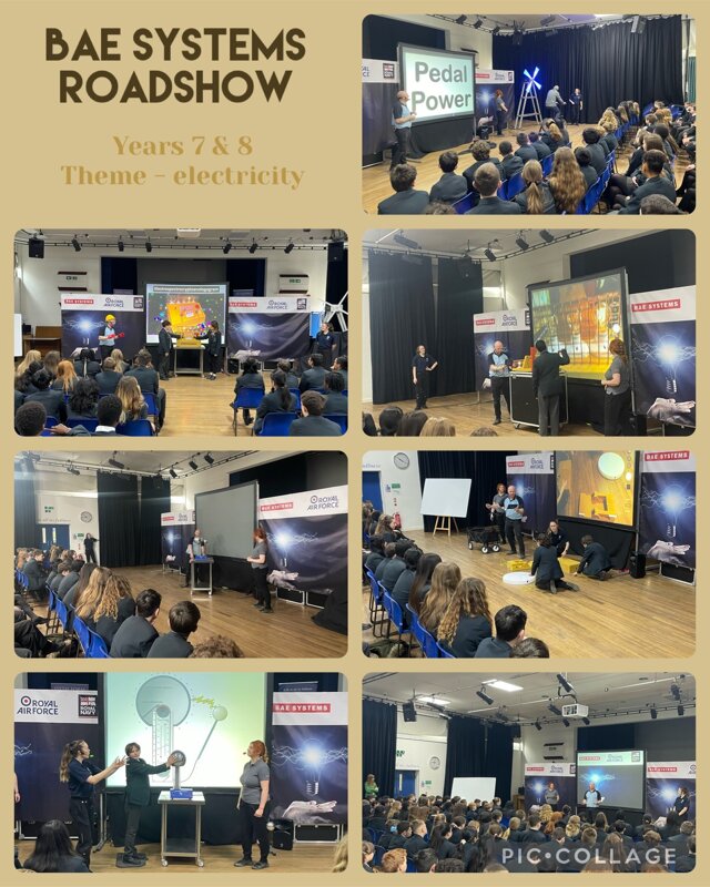 A collection of pictures showing students participating in a STEM workshop in the school hall
