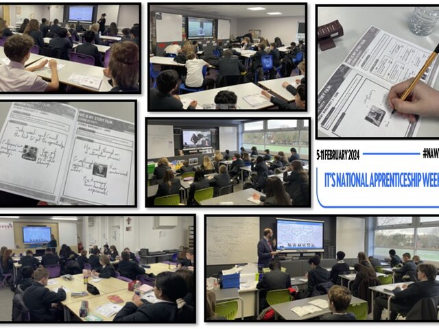 Various images of students working in the classroom and the National Apprenticeships logo